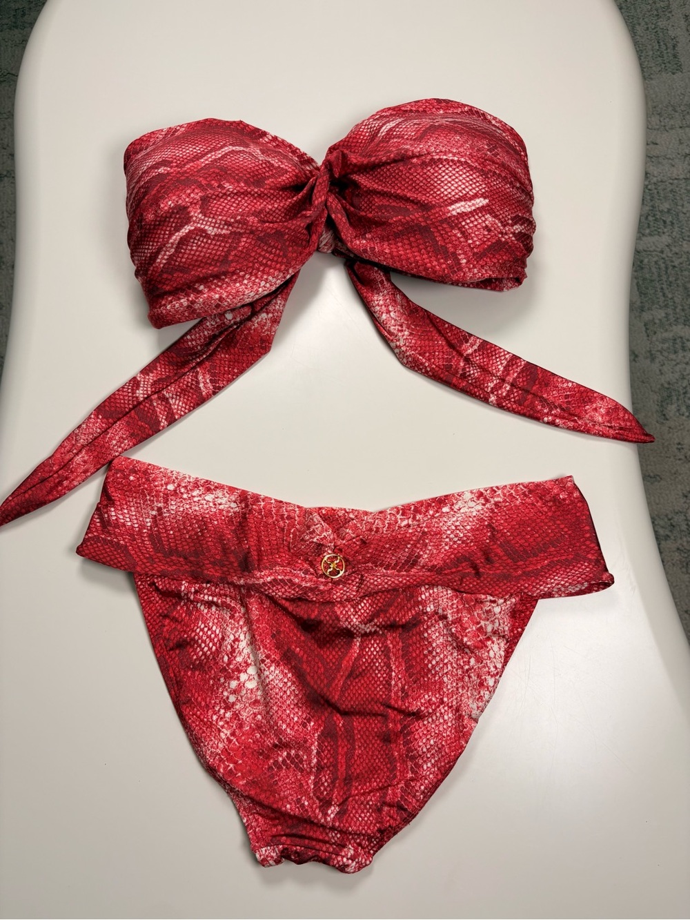 Vix Paula Hermanny Red Snakeskin Print Bandeau Bikini Set